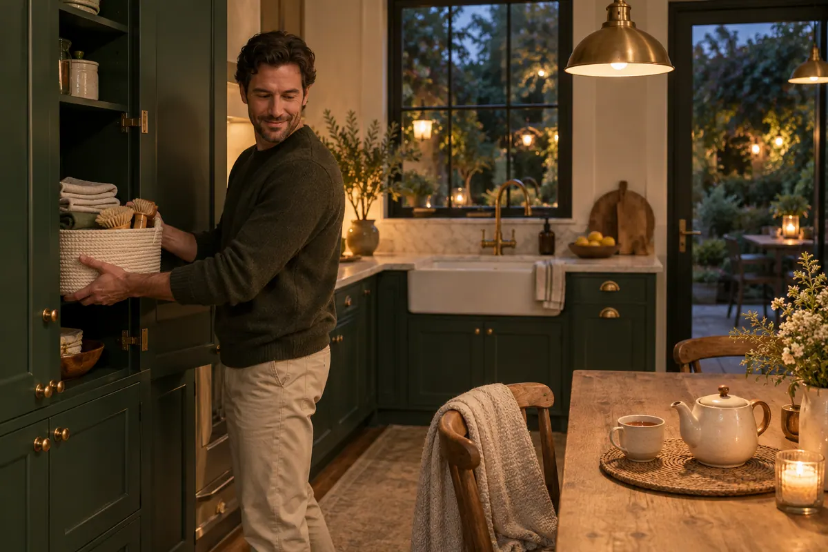 Взрослый мужчина убирает корзину со сложенными салфетками и щётками в зелёный шкаф рядом с накрытым чайным столом.