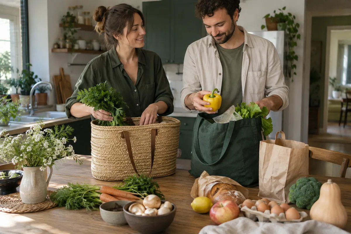 Двое взрослых раскладывают продукты в многоразовые корзины на кухне.
