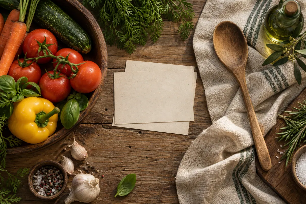 Овощи, чистые карточки и деревянная ложка на кухонном столе